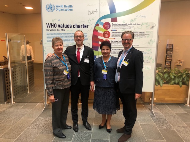 Dr Hans Kluge, the new Regional Director for WHO Europe, with ICN CEO Howard Catton (far right), EFNNMA Chair Valentina Sarkisova and Vice Chair Mervi Jokinen (right to left)